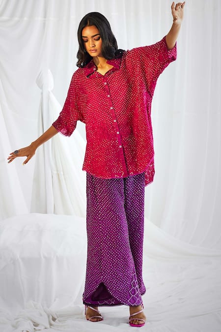 Buy_Twenty Nine_Pink Crushed Raidaana Silk Bandhani High Neck Back Button Shirt _Online_at_Aza_Fashions