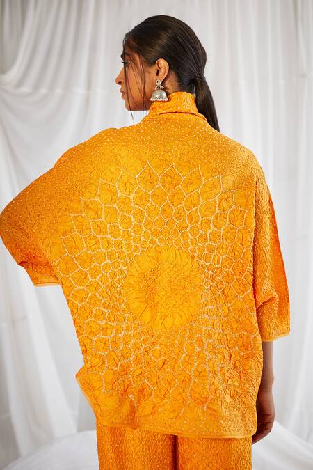 Shop Twenty Nine Yellow Crushed Silk Bandhani Cowl Neck Top at Aza Fashions Shop_Twenty Nine_Yellow Crushed Silk Bandhani Cowl Neck Top _at_Aza_Fashions
