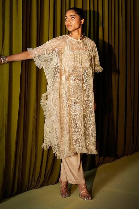 Twenty Nine_Beige Net Art Deco Round Pattern Kaftan _Online_at_Aza_Fashions