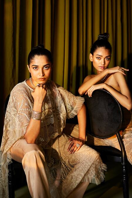 Buy_Twenty Nine_Beige Net Art Deco Round Pattern Kaftan _Online_at_Aza_Fashions