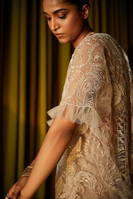 Shop_Twenty Nine_Beige Net Art Deco Round Pattern Kaftan _Online_at_Aza_Fashions