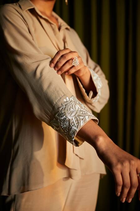 Twenty Nine_Beige Georgette Parsi Gara Spread Collar Cuff Embroidered Shirt _Online_at_Aza_Fashions
