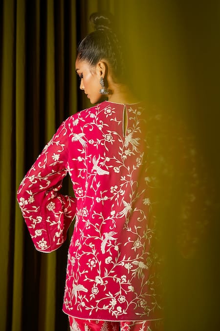 Shop Twenty Nine Pink Georgette Parsi Gara Round Work Top at Aza Fashions Shop_Twenty Nine_Pink Georgette Parsi Gara Round Work Top _at_Aza_Fashions