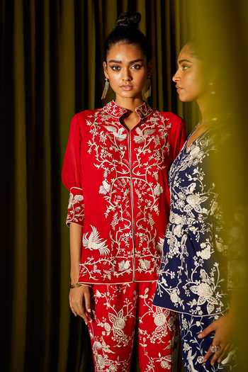 Shop_Twenty Nine_Pink Georgette Parsi Gara Mandarin Collar Embroidered Jacket _Online_at_Aza_Fashions