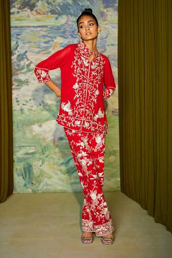 Twenty Nine_Pink Georgette Parsi Gara Mandarin Collar Embroidered Jacket _Online_at_Aza_Fashions