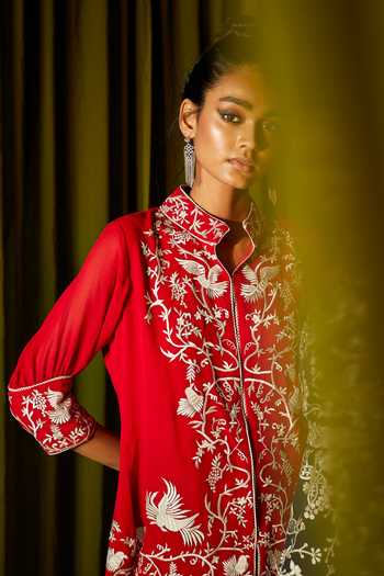 Buy_Twenty Nine_Pink Georgette Parsi Gara Mandarin Collar Embroidered Jacket _Online_at_Aza_Fashions