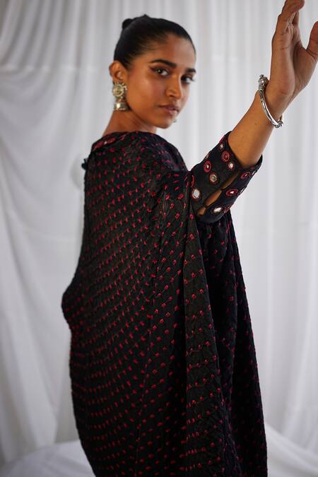 Buy_Twenty Nine_Black Gajji Silk V Neck Rabari Power Shoulder Dress _Online_at_Aza_Fashions