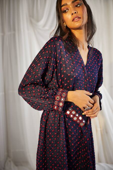 Twenty Nine_Blue Gajji Silk V Neck Dress _Online_at_Aza_Fashions