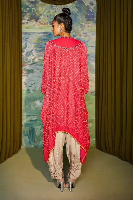 Shop Twenty Nine Red Gajji Silk High Neck Rabari Draped Dress at Aza Fashions Shop_Twenty Nine_Red Gajji Silk High Neck Rabari Draped Dress _at_Aza_Fashions