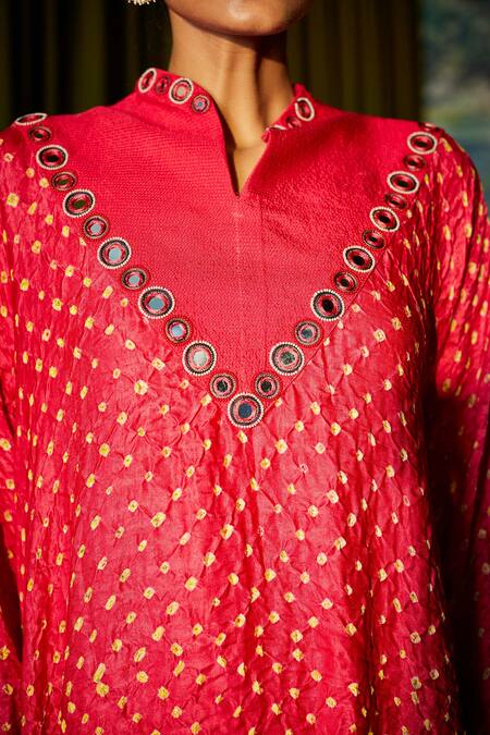 Twenty Nine Red Gajji Silk High Neck Rabari Draped Dress Online at Aza Fashions Twenty Nine_Red Gajji Silk High Neck Rabari Draped Dress _Online_at_Aza_Fashions