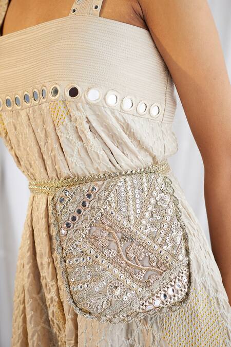 Shop_Twenty Nine_Beige Gajji Silk Bandhani Square Neck Jumpsuit _Online_at_Aza_Fashions