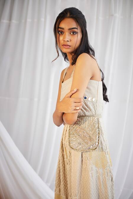 Buy_Twenty Nine_Beige Gajji Silk Bandhani Square Neck Jumpsuit _Online_at_Aza_Fashions