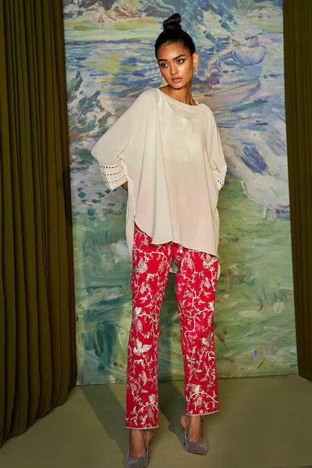 Twenty Nine_White Georgette Embroidered Mirror Round Neck Cape Top _Online_at_Aza_Fashions