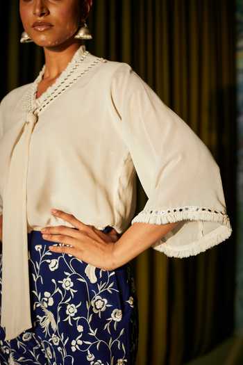 Buy_Twenty Nine_White Georgette Mirror, Bead V Neck A-line Ruffled Bow Tie Top _Online_at_Aza_Fashions