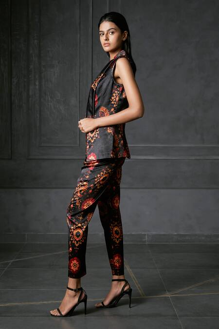 Redefine_Black Mashru Print Floral Calico Cigarette Pants _Online_at_Aza_Fashions