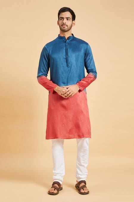 Buy_Hilo Design_Blue Falling Raw Silk Radical Marino Kurta _Online_at_Aza_Fashions