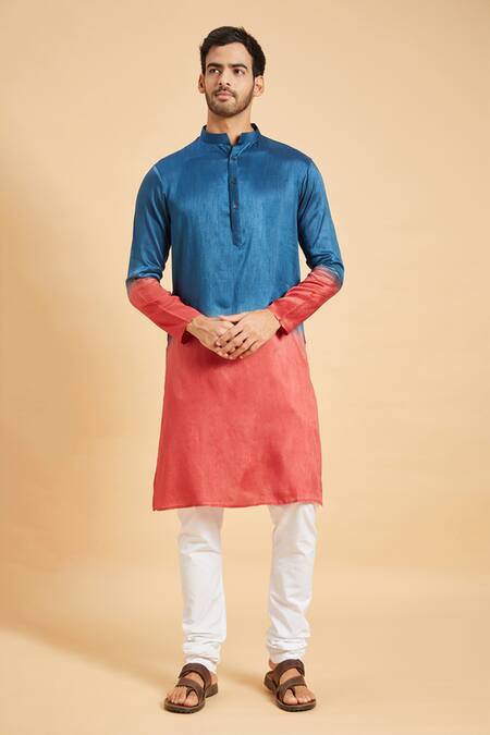 Buy_Hilo Design_Blue Silk, Cotton Radical Marino Kurta Set _Online_at_Aza_Fashions