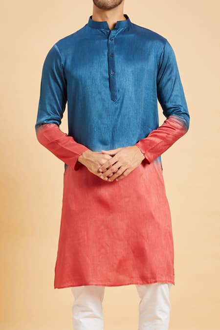 Hilo Design_Blue Falling Raw Silk Radical Marino Kurta _at_Aza_Fashions