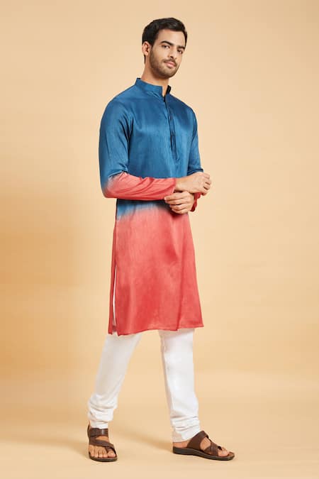Hilo Design_Blue Falling Raw Silk Radical Marino Kurta _Online_at_Aza_Fashions
