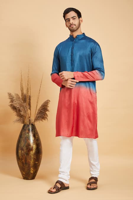 Shop_Hilo Design_Blue Falling Raw Silk Radical Marino Kurta _Online_at_Aza_Fashions