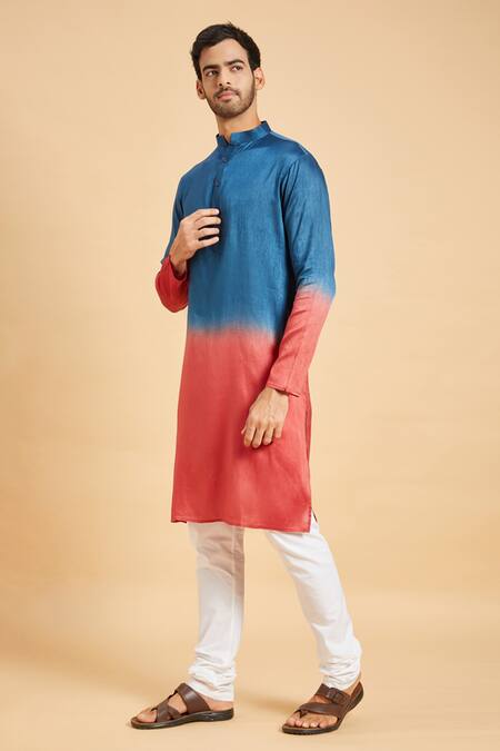 Shop_Hilo Design_Blue Silk, Cotton Radical Marino Kurta Set _Online_at_Aza_Fashions