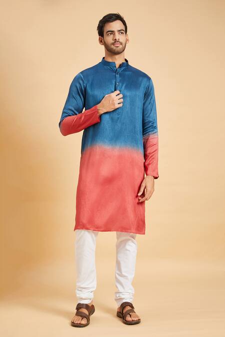 Hilo Design_Blue Silk, Cotton Radical Marino Kurta Set _at_Aza_Fashions