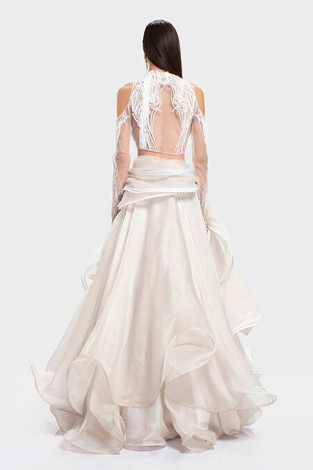 Shop_Gaurav Gupta_White Ruffle Lehenga Set_at_Aza_Fashions
