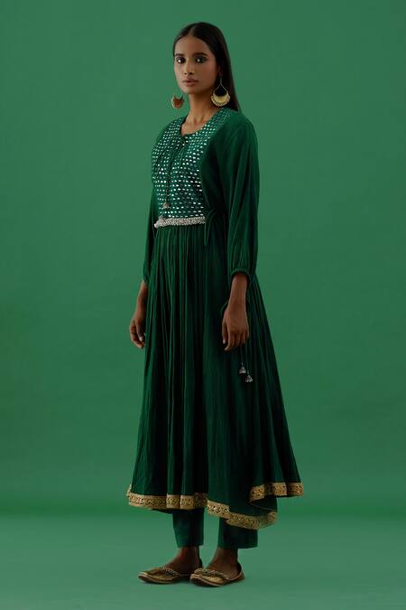 Shop 5elements Green Cotton Embellishment Mirror And Ghungroo Round Work Anarkali Set Online at Aza Fashions Shop_5elements_Green Cotton Embellishment Mirror And Ghungroo Round Work Anarkali Set _Online_at_Aza_Fashions