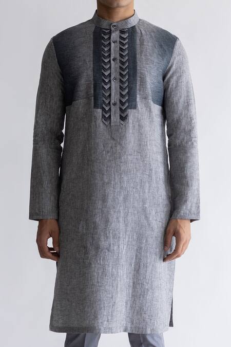 Kaha_Grey Linen Triangle Cutout Lagomg Kurta With Pant_Online_at_Aza_Fashions