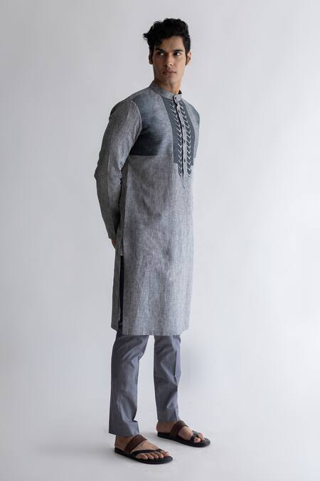 Shop_Kaha_Grey Linen Triangle Cutout Lagomg Kurta With Pant_Online_at_Aza_Fashions