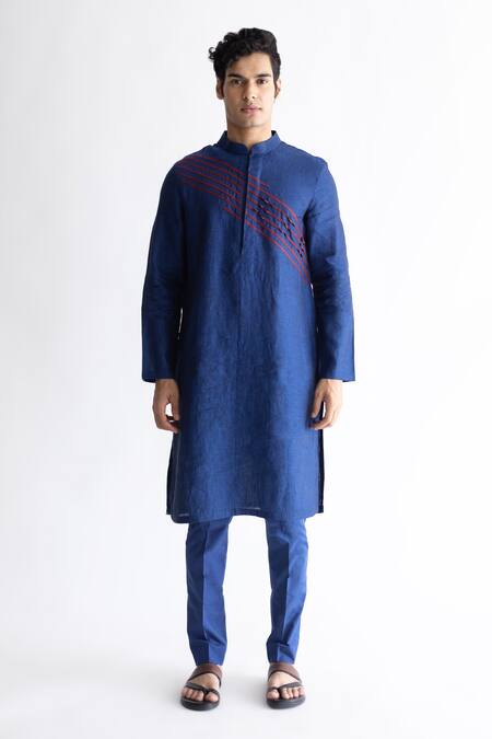 Kaha Blue Linen Folded Patti Detail Elysian Contrast Kurta Online at Aza Fashions Kaha_Blue Linen Folded Patti Detail Elysian Contrast Kurta_Online_at_Aza_Fashions