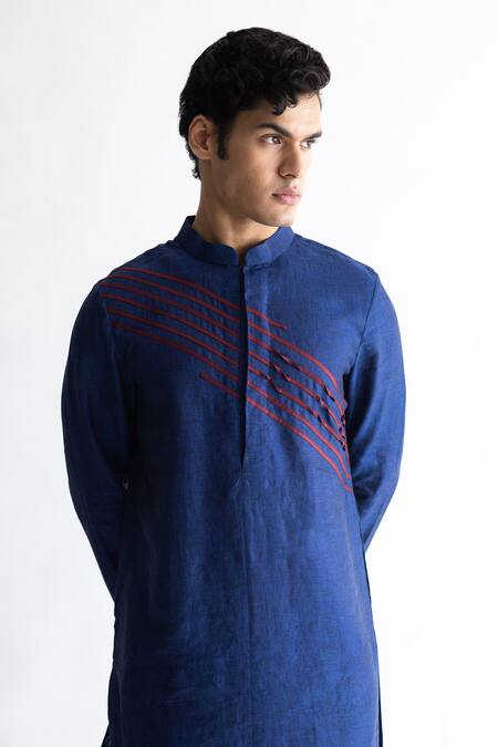 Buy Kaha Blue Linen Folded Patti Detail Elysian Contrast Kurta Online at Aza Fashions Buy_Kaha_Blue Linen Folded Patti Detail Elysian Contrast Kurta_Online_at_Aza_Fashions