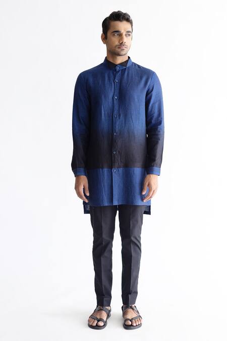 Kaha_Blue Linen Plain Hyggeb Two Tone Kurta_Online_at_Aza_Fashions