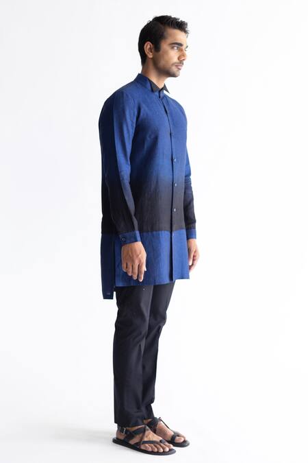 Shop_Kaha_Blue Linen Plain Hyggeb Two Tone Kurta_Online_at_Aza_Fashions