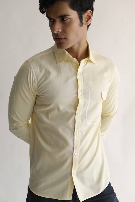 Kaha_Yellow Italian Cotton Plain Full Sleeve Contrast Piping Detail Shirt_Online_at_Aza_Fashions