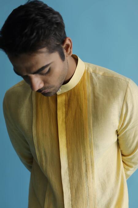 Kaha_Yellow Linen Pintuck Kawakaari Detail Kurta_Online_at_Aza_Fashions