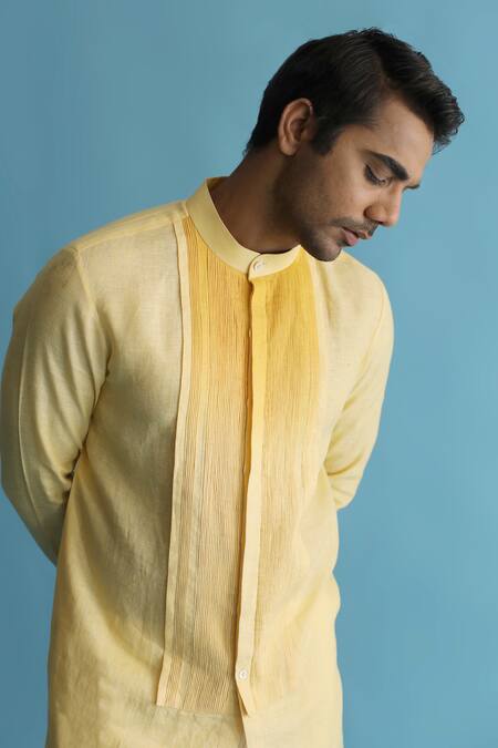 Buy_Kaha_Yellow Linen Pintuck Kawakaari Detail Kurta_Online_at_Aza_Fashions