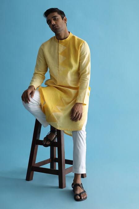 Shop_Kaha_Yellow Linen Solid Ombre-dyed Kurta_Online_at_Aza_Fashions