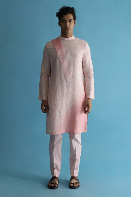Kaha_Pink Linen Asymmetric Pintuck Detail Meadowp Ombre Effect Kurta_Online_at_Aza_Fashions