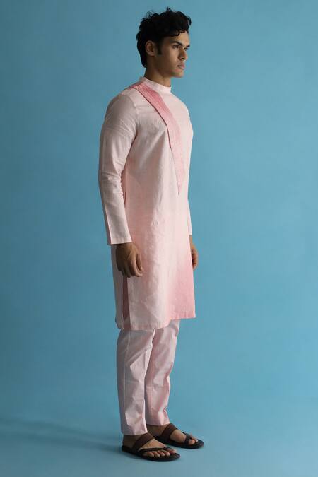 Buy_Kaha_Pink Linen Asymmetric Pintuck Detail Meadowp Ombre Effect Kurta_Online_at_Aza_Fashions