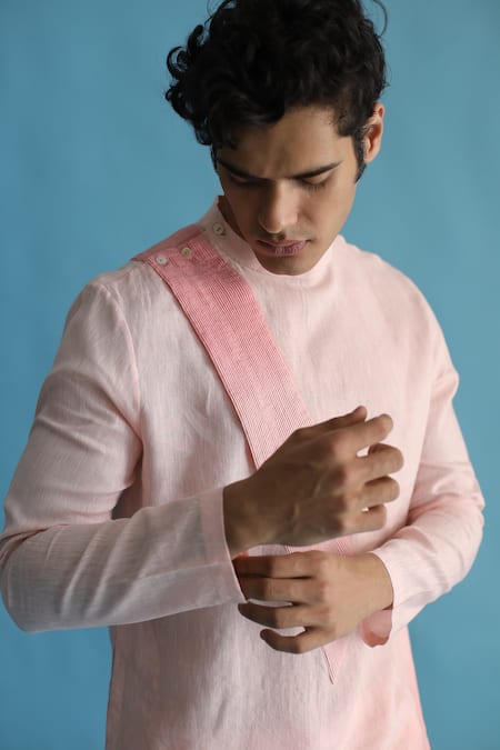 Shop_Kaha_Pink Linen Asymmetric Pintuck Detail Meadowp Ombre Effect Kurta_Online_at_Aza_Fashions