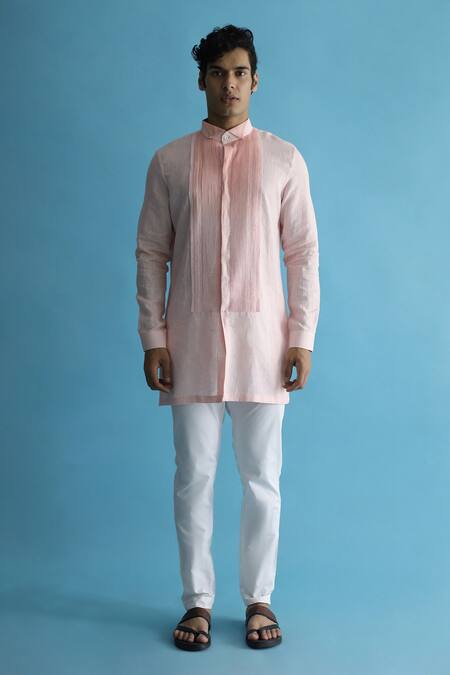 Kaha_Pink Linen Pintuck Kawakaarip Detail Kurta_Online_at_Aza_Fashions