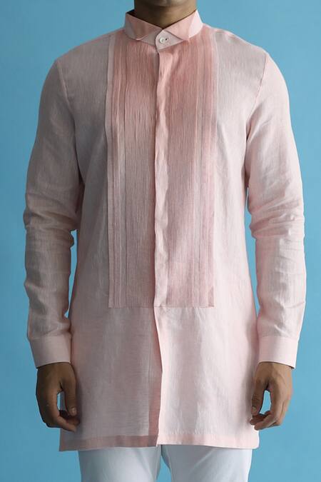 Buy_Kaha_Pink Linen Pintuck Kawakaarip Detail Kurta_Online_at_Aza_Fashions