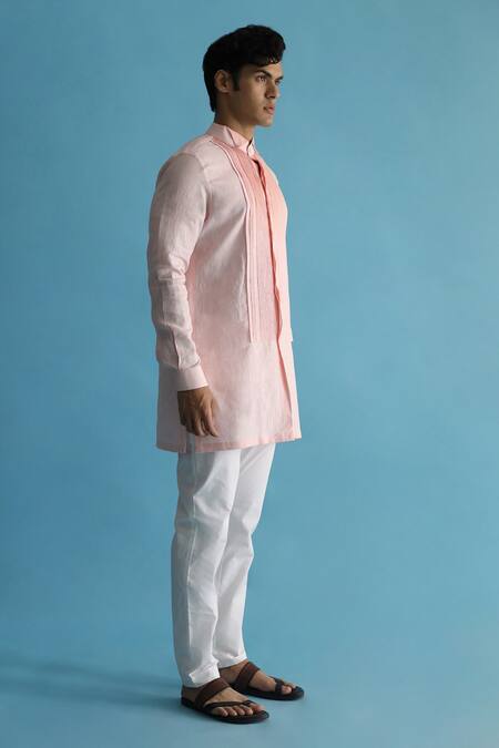 Shop_Kaha_Pink Linen Pintuck Kawakaarip Detail Kurta_Online_at_Aza_Fashions