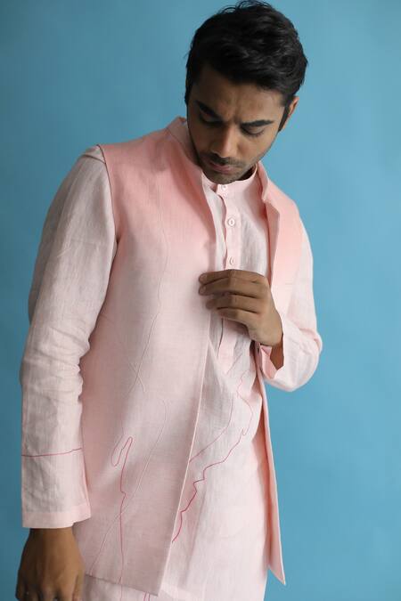 Shop Kaha Pink Linen Embroidery Nehru Jacket And Kurta Set Online at Aza Fashions Shop_Kaha_Pink Linen Embroidery Nehru Jacket And Kurta Set_Online_at_Aza_Fashions