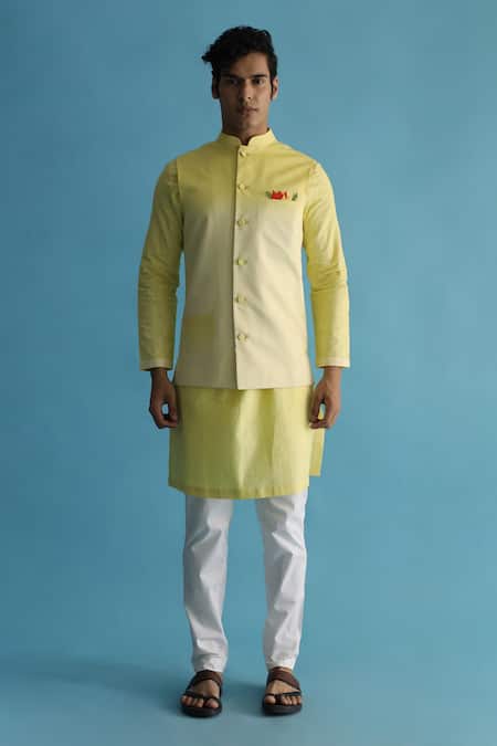 Kaha_Yellow Linen Bundi Kurta Set_Online_at_Aza_Fashions