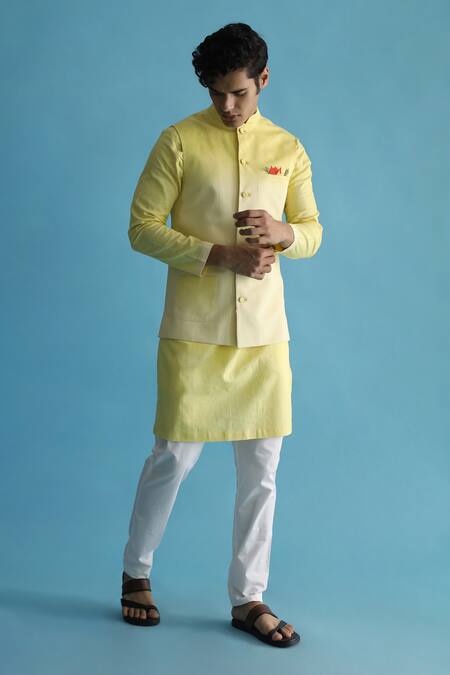 Buy_Kaha_Yellow Linen Bundi Kurta Set_Online_at_Aza_Fashions