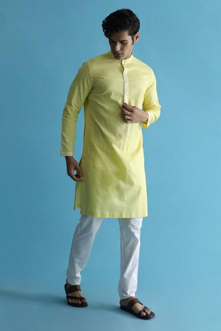 Shop_Kaha_Yellow Linen Bundi Kurta Set_Online_at_Aza_Fashions
