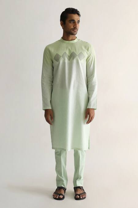 Buy Kaha Green Linen Pintuck Berylg Geometric Detail Kurta With Pant Online at Aza Fashions Buy_Kaha_Green Linen Pintuck Berylg Geometric Detail Kurta With Pant_Online_at_Aza_Fashions