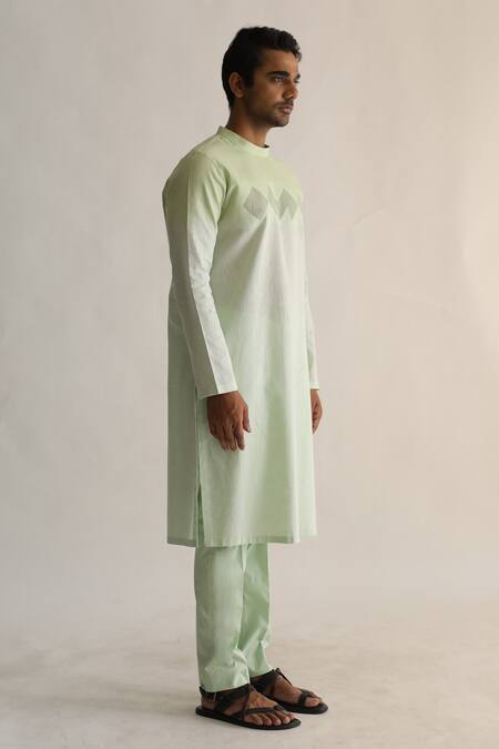 Shop Kaha Green Linen Pintuck Berylg Geometric Detail Kurta With Pant Online at Aza Fashions Shop_Kaha_Green Linen Pintuck Berylg Geometric Detail Kurta With Pant_Online_at_Aza_Fashions